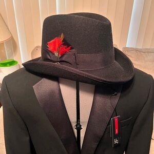 Black Fedora Hat with Red Feather